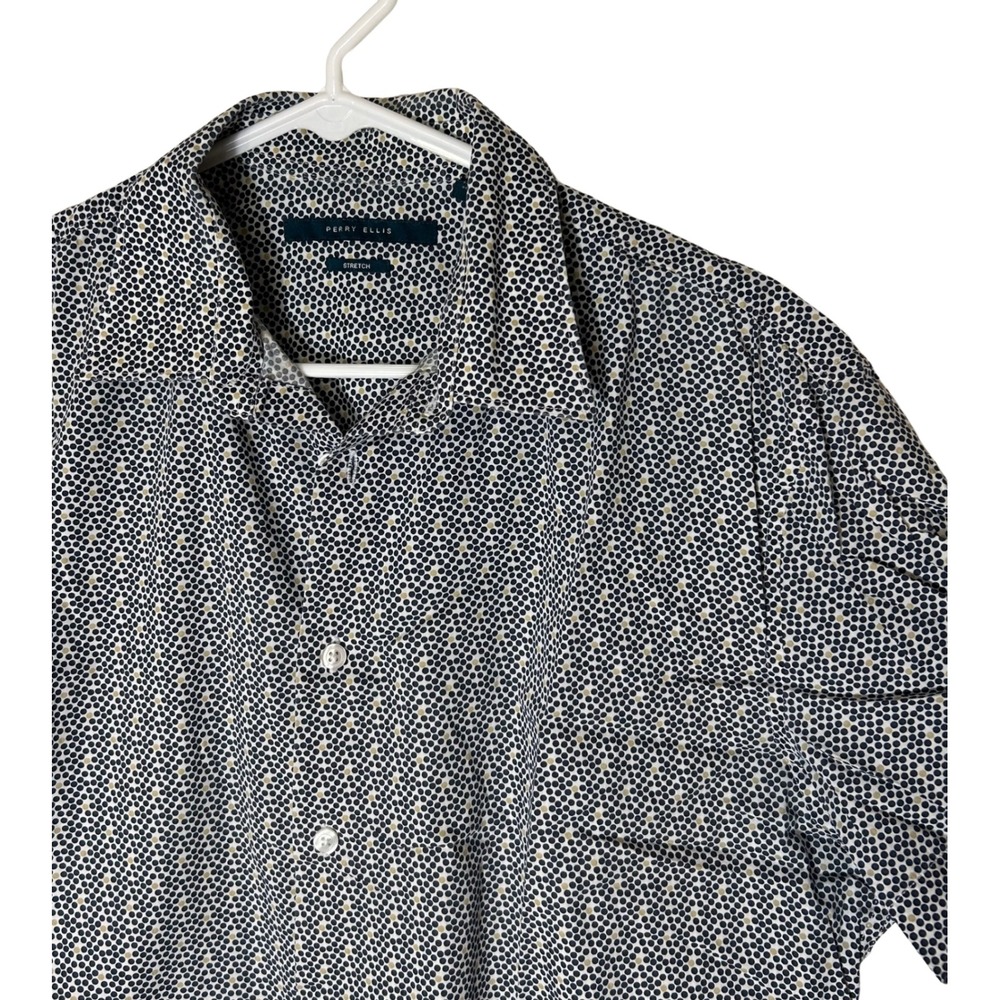 Perry Ellis Men Short Sleeve Button Down Shirt Black Tan Geometric Dot Stretch M - Picture 1 of 8